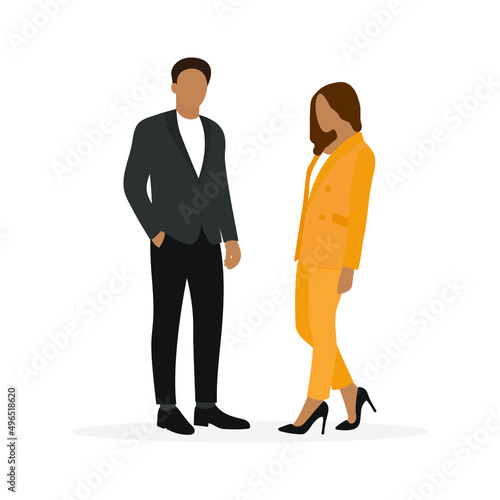Male character and female character in business clothes stand together on a white background
