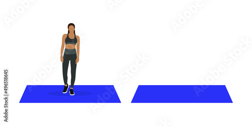 Female character in sportswear stands on a sports mat on a white background