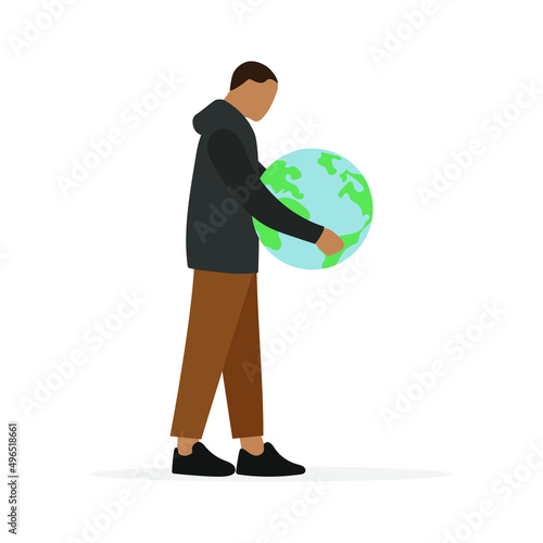 A male character with a model of the globe in his hands stands on a white background