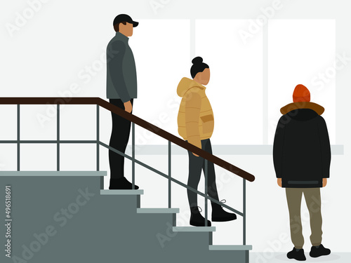 Female character and two male characters in warm clothes together on the staircase