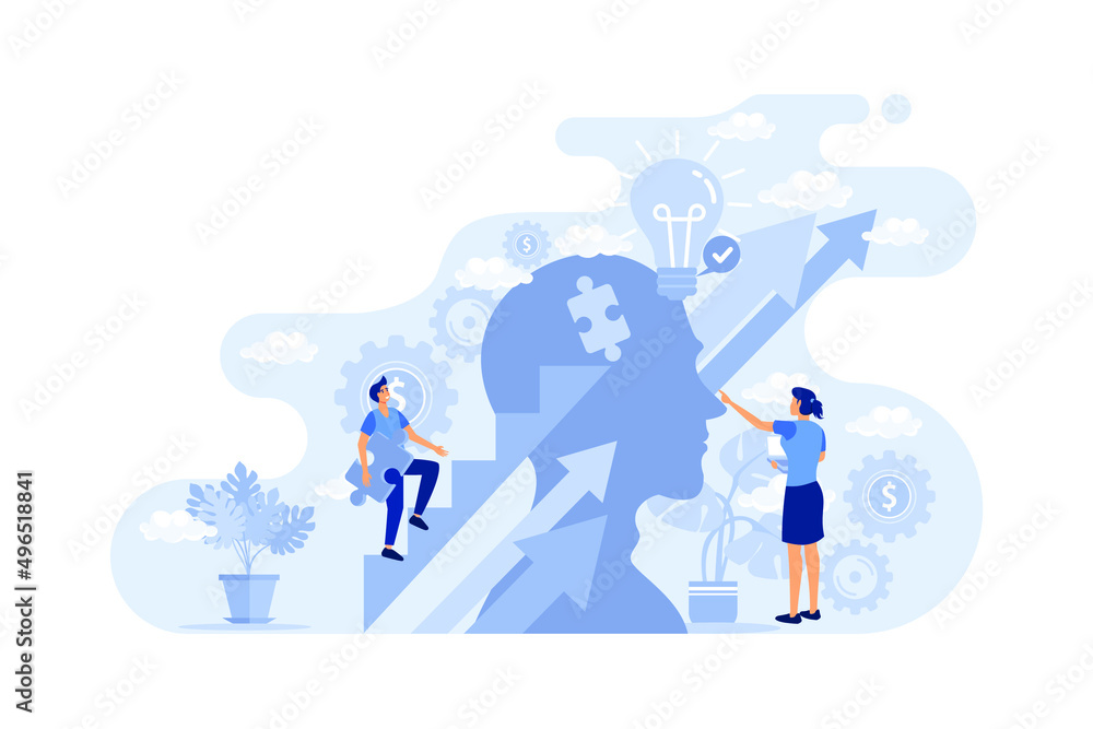 Upskilling learn as work educational qualification rise flat person concept. Employee training and coach for positive progress and smart labor vector illustration. Performance boost with mentoring job