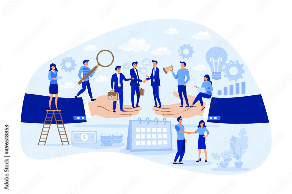 Business cooperation as new agreement or deal development flat person concept. Partnership and collaboration for B2B project vector illustration. Businessman handshake as company colleague interaction
