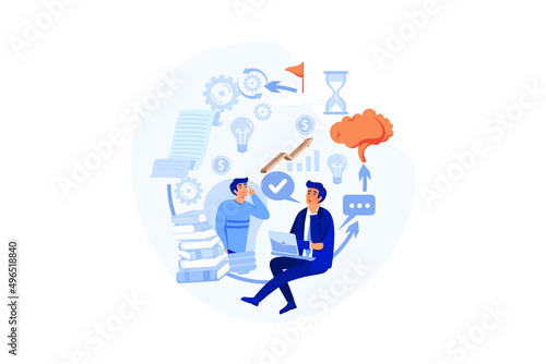 Creativity as business development and innovations flat person collection set. Elements with corporate teamwork and writing new ideas for company growth vector illustration. Professional skills items.