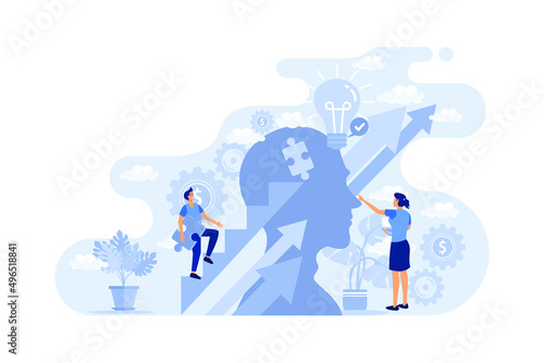 Upskilling learn as work educational qualification rise flat person concept. Employee training and coach for positive progress and smart labor vector illustration. Performance boost with mentoring job photo