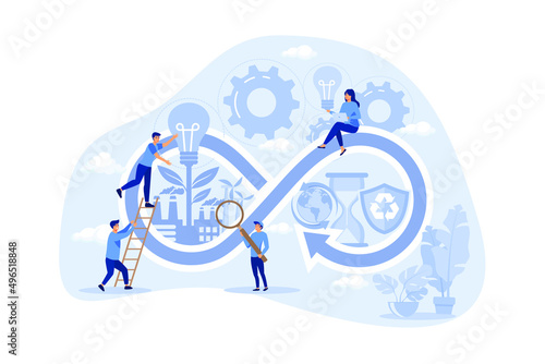 Circular economy manufacturing cycle, sustainable strategy flat person concept. Optimal reuse of the resources and reduced waste management. Environmental friendly industrial loop for high efficiency.