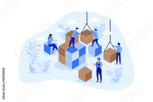 Solving problem and difficult work teamwork assemble tiny persons concept. Effective business solution strategy and complex task cooperation as successful performance process vector illustration.