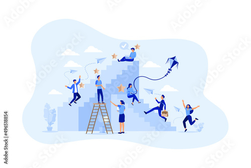 Self growth and personal development progress stages flat person concept. Reaching for career goals and success vector illustration. Ambition ladders and potential accomplishment vision for future.