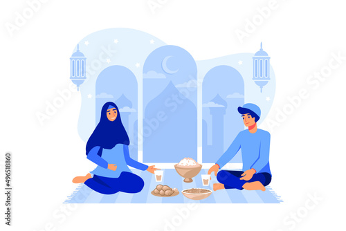 Iftar Eating After Fasting feast party concept. Moslem family dinner on Ramadan Kareem or celebrating Eid with people character. web landing page template, banner, presentation, social or print media