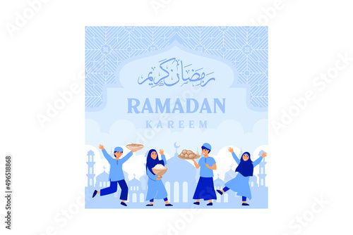 Iftar Eating After Fasting feast party concept. Moslem family dinner on Ramadan Kareem or celebrating Eid with people character. web landing page template, banner, presentation, social or print media	