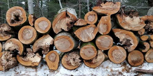 stack of firewood. pile of wood in the forest during cold winter with snow in canada