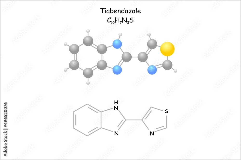 Stylized molecule model/structural formula of tiabendazole. Use as fungicide. Stylized molecule model/structural formula of tiabendazole. Use as fungicide.