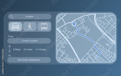 fictitious map app with navigation of a route and map view in front of a blue gradient background, technology