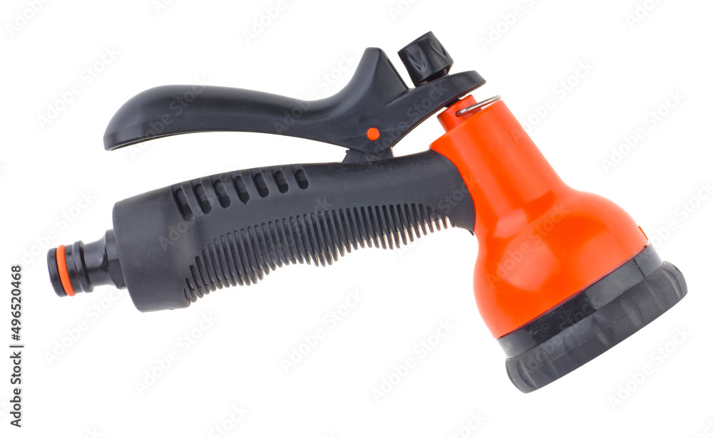 plastic spray gun for garden shower isolated on white background plastic spray gun for garden shower isolated on white background