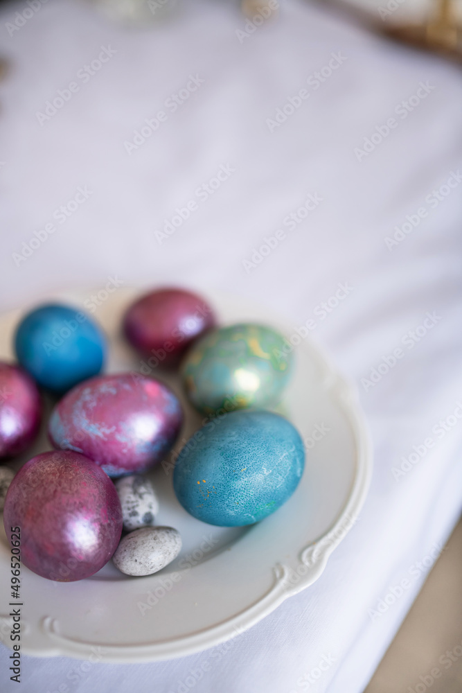 Festive breakfast with easter eggs on white background Festive breakfast with easter eggs on white background