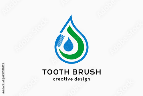 Toothbrush or tooth cleaning logo design, toothbrush icon with creative concept in water drops