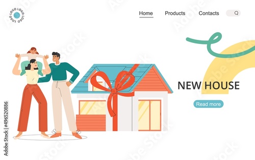 Flat vector illustration with a young family. Concept of providing housing to refugees or those in need of protection.