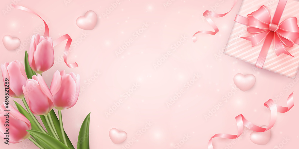botanic garden pink tulip flower love heart and present gift box with ribbon flower botanic garden pink tulip flower love heart and present gift box with ribbon flower
