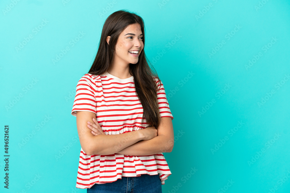 Young Brazilian woman isolated on blue background happy and smiling Young Brazilian woman isolated on blue background happy and smiling