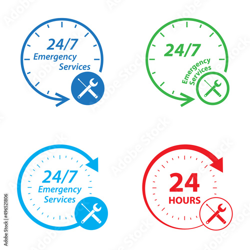 Emergency services 24 hours icon set. Clock, screwdriver and wrench logo. Badge, time, customer, open, assistance, delivery. Vector illustration.