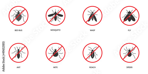 Stop insect icon set. Pest Control icons set. Pests silhouettes. Bed bug, mosquito, wasp, fly, ant, mite, roach, and spider symbols. Vector illustration.