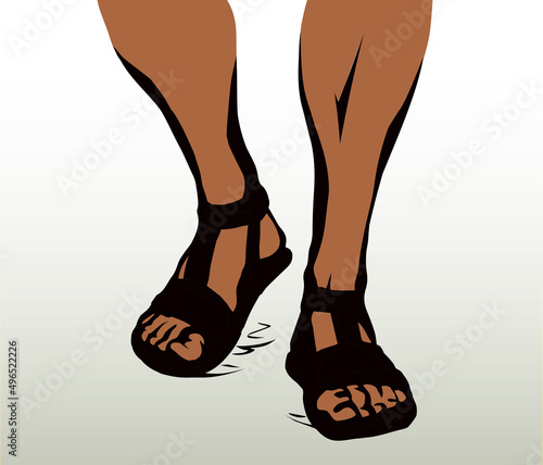 Legs walk along the road. Vector drawing