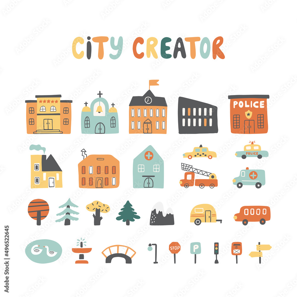 City creator with houses, cars, animals, trees, road signs and etc. City creator with houses, cars, animals, trees, road signs and etc.