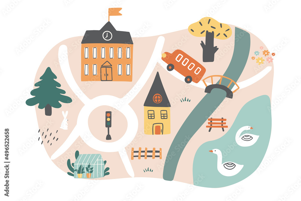 A small town with houses, cars, animals, and trees. Vector illustration for kids room, print for t-shirt, map, game. 