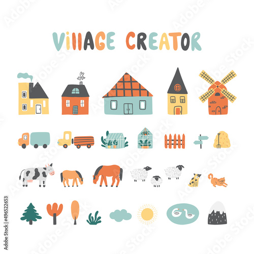 Village creator with houses, cars, animals, trees, mill, greenhouse and etc. 
