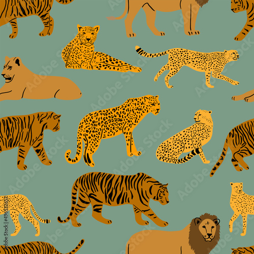 Modern seamless pattern with wild animals. Tiger  lion  leopard  and cheetah on a green background.