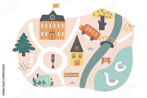 A small town with houses, cars, animals, and trees. Vector illustration for kids room, print for t-shirt, map, game. 