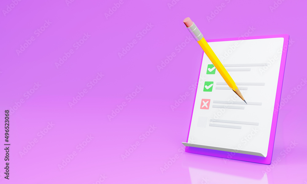 White questionnaire with checklist or to do list. White clipboard with a checklist on pink pastel background. golden or yellow pencil. 3D rendering White questionnaire with checklist or to do list. White clipboard with a checklist on pink pastel background. golden or yellow pencil. 3D rendering
