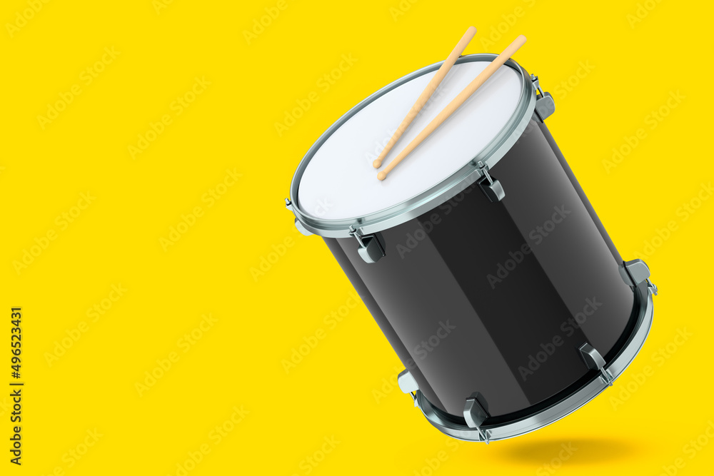 Realistic drum and wooden drum sticks on yellow. 3d render of musical instrument Realistic drum and wooden drum sticks on yellow. 3d render of musical instrument