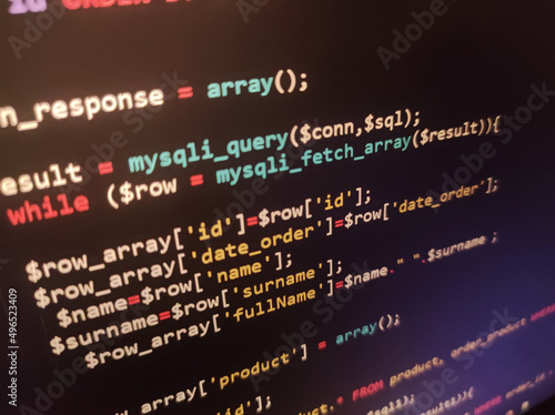 Coding programming source code screen. Abstract technology background. Cyber attack or security concept. Hacker monitor program. Software development