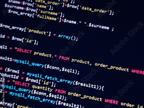 Coding programming source code screen. Abstract technology background. Cyber attack or security concept. Hacker monitor program. Software development