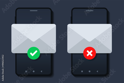 Mail envelope with check mark and cross sign on mobile phone screen. Vector illustration