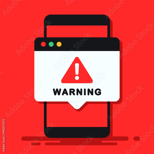 Mobile phone warning sign. Smartphone notification, exclamation mark. Vector illustration