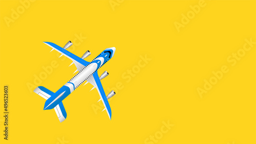Airplane on a yellow background. Airliner top view, flat lay. Vector. Passenger plane flying in the sky plane