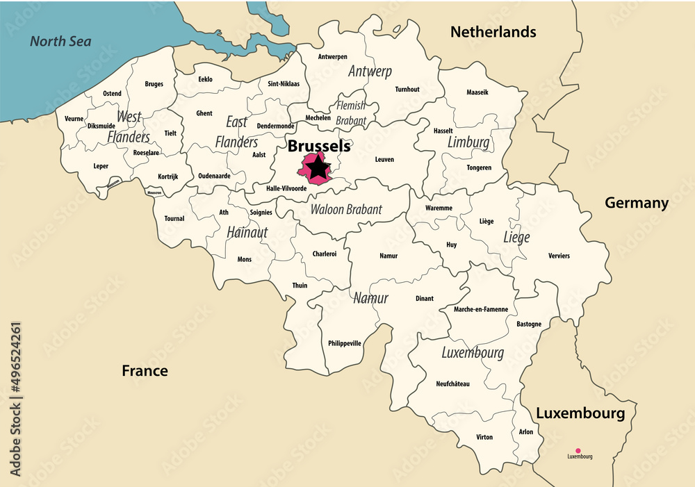 Belgium provinces vector map with neighbouring countries and territories