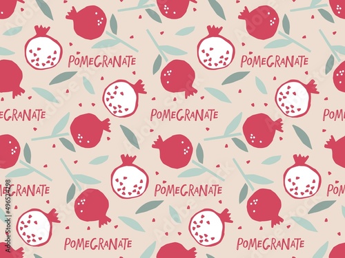 Seamless Pattern with Pomegranate Fruit with leaves, hand drawn doodle sketch isolated. Flat vector repeated background for wallpaper, wrapping, packing, textile. Whole fruit and cut half, slice.