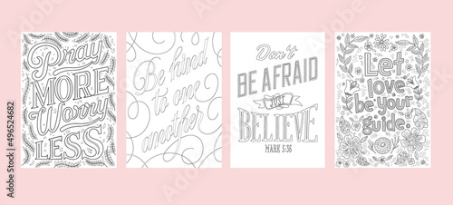 Set of Christian religious coloring pages for children and adults. Bible verses.Emotional support during crisis times. Printable lettering illustration, modern typography. Adult coloring, hobby