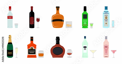 Different alcoholic drinks in bottles and glasses. Alcohol bottles and glasses. Collection of alcoholic drinks for menu, cafe, restaurants, pubs, banner, poster, advertising