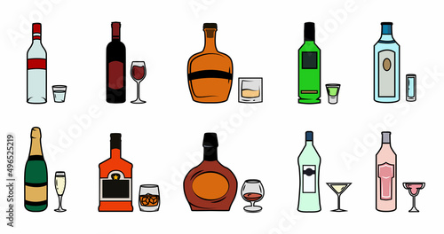 Set of alcohol bottles and glasses in a doodle style isolated on white background. Collection of alcoholic drinks for menu, cafe, restaurants, pubs, banner, poster, advertising. Wine, cognac, gin