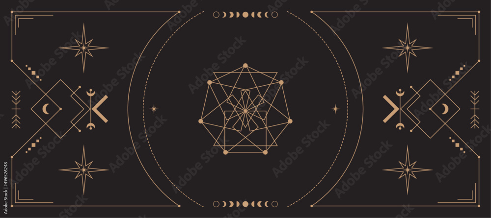 Celestial background with a copy space. Mystical poster with an ornate geometric frame, outline stars and moon phases. Esoteric backdrop - obrazy, fototapety, plakaty 