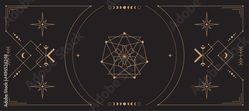 Celestial background with a copy space. Mystical poster with an ornate geometric frame, outline stars and moon phases. Esoteric backdrop