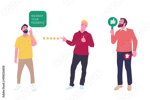 People give review rating and feedback. Men holding in hands  positive, negative and approve signs, rating Icons. Customer choice. Hand drawn colored vector flat illustration