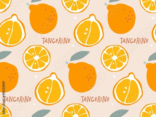 Seamless pattern with Tangerine Fruit with leaves, hand drawn doodle sketch. Flat vector Repeated Food template for menu, nursery design, wallpaper, wrapping, packing, textile, scrapbooking