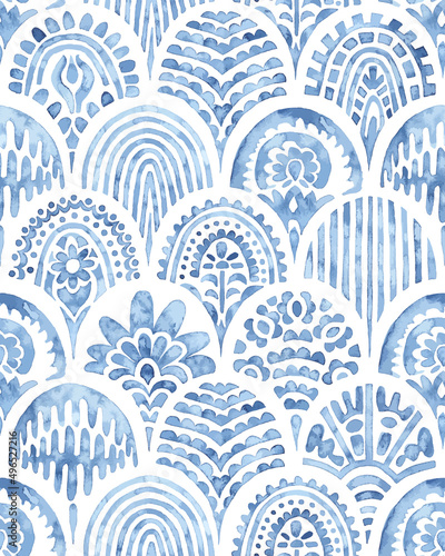 Seamless moroccan pattern. Seigaiha vintage tile. Blue and white watercolor ornament painted with paint on paper. Wavy print for textiles in Japanese style. Set grunge texture. Vector illustration.
