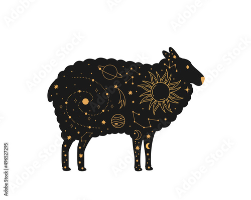 Black magical sheep, Mystic crescent moon esoteric symbol photo