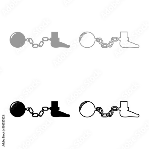Ball and chain attached foot Silhouette pulling weights Leg with cargo Punishment set icon grey black color vector illustration image solid fill outline contour line thin flat style
