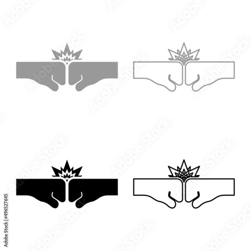 Collision of two fist set icon grey black color vector illustration image solid fill outline contour line thin flat style
